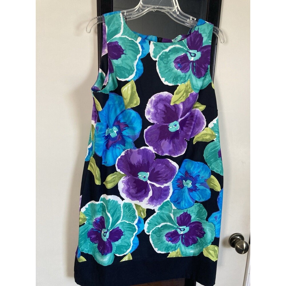 AB Studio Women’s 16 Floral Dress Multi Color  Sleeveless Stretch Excellent Zip